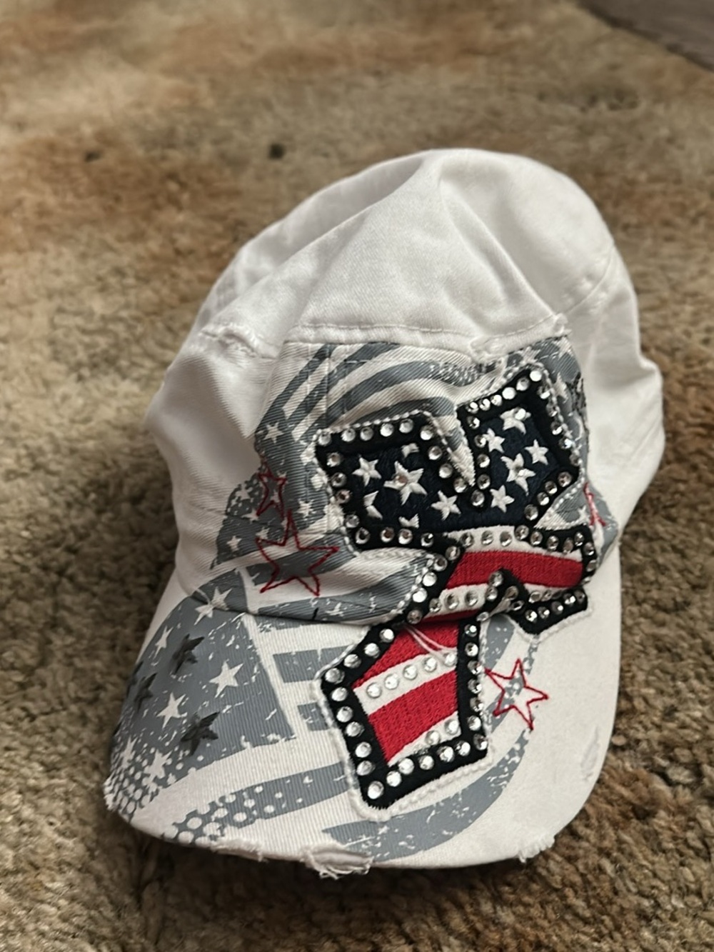 White Baseball Cap with Rhinestone Star Patch - Patriotic Design